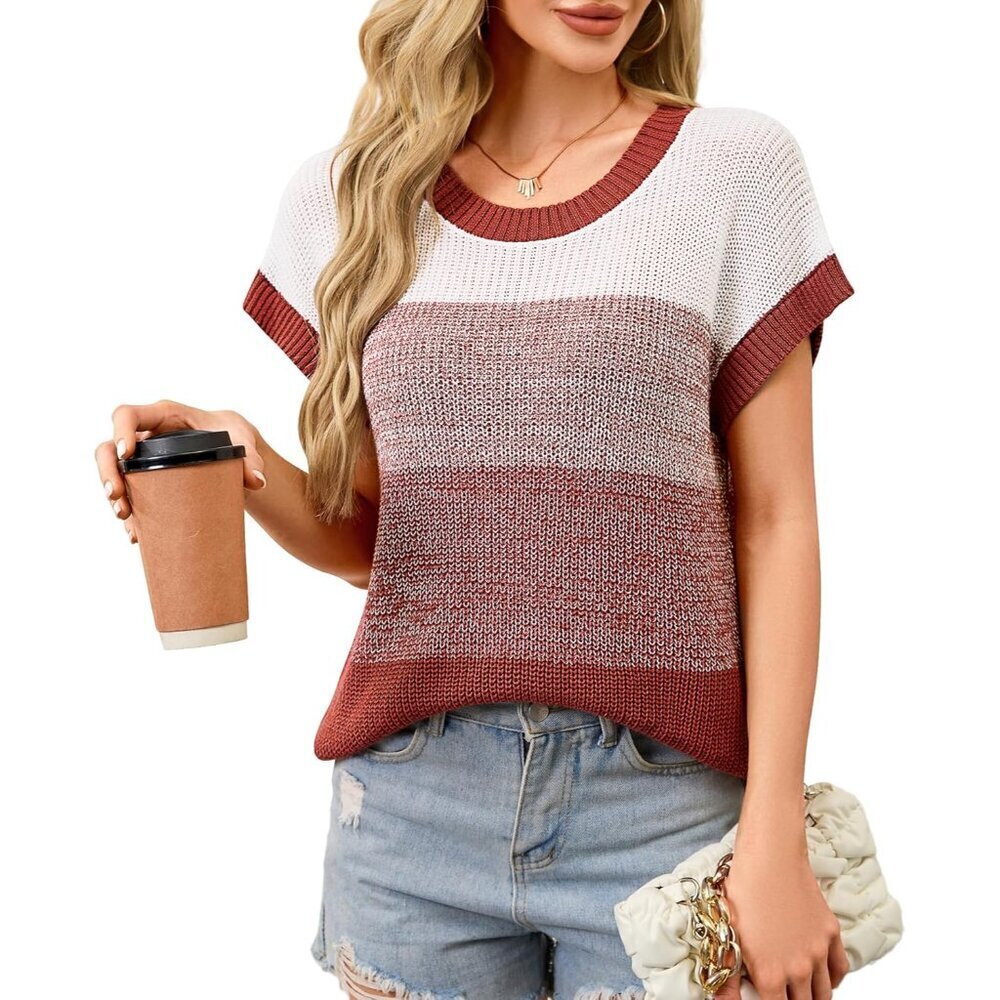 Women's Color Block Short Sleeve Sweater Vest Casual Lightweight Summer Top